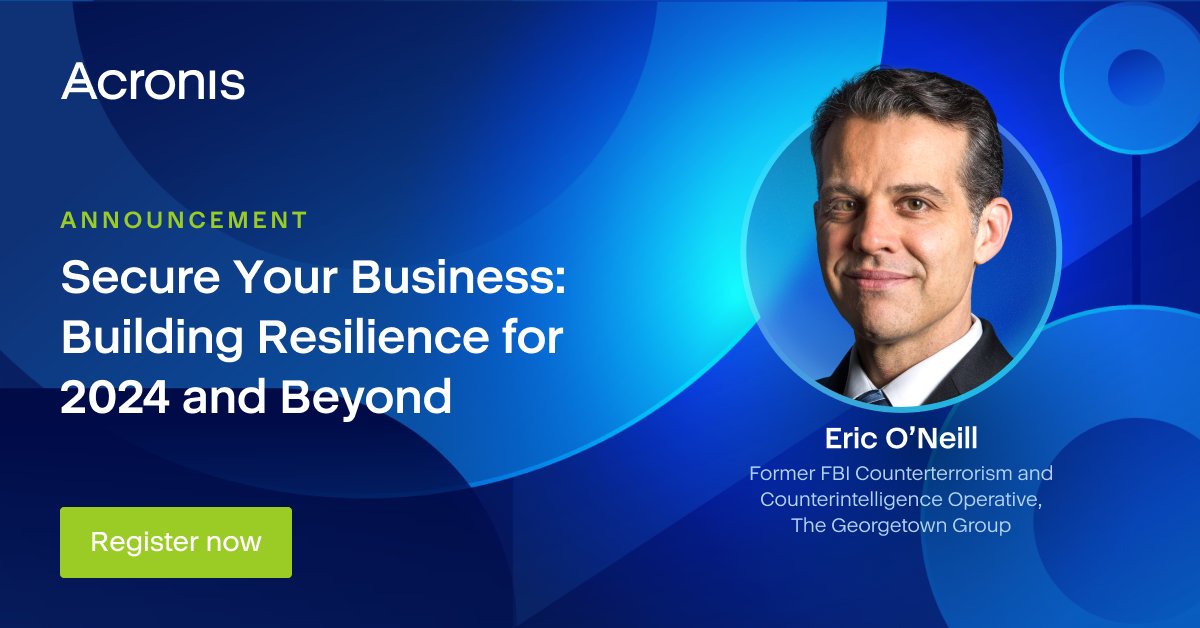 Acronis's tweet photo. Former FBI agent, Eric O'Neill, guides business leaders on building #CyberResilience to reduce downtime and safeguard precious data. 

Register for this virtual event for insights on #CyberSecurity and more:
📆 21 February, 9am EST / 3pm CET / 10pm SGT
➡️ https://t.co/7HIpHgLPtV https://t.co/TmKqVlCn0s
