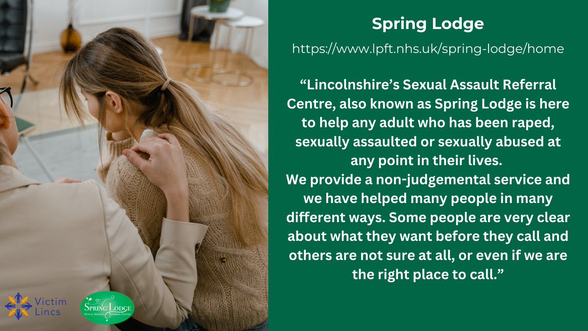 VictimLincs's tweet photo. Spring Lodge offers confidential support to adults in Lincolnshire who have been raped or sexually abused.
Their Independent Sexual Violence Advisor Service provides support to anyone who's been a victim of rape or sexual assault.
#7DaysofSupport #SexualViolenceAwarenessWeek https://t.co/6K9MYYHJPA