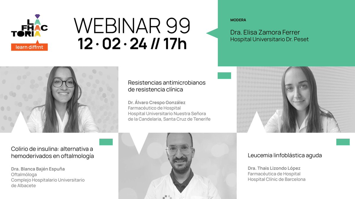 📌Lunes, 12 de febrero: Nuevo Webinar de 👨‍💻#LosLunesDeLaFHactoria:

👩‍⚕️Dra. Blanca Bajén, 🏥@HospitalUnivAB
👨‍⚕️Dr. Álvaro Crespo. 🏥 H. Universitario Nuestra Señora de Candelaria
👩‍⚕️Dra. Thais Lizondo, 🏥<a href="/hospitalclinic/">Hospital Clínic</a>
Inscríbete aquí ⏩ cutt.ly/ewXHHknq

#FormaciónSanitaria