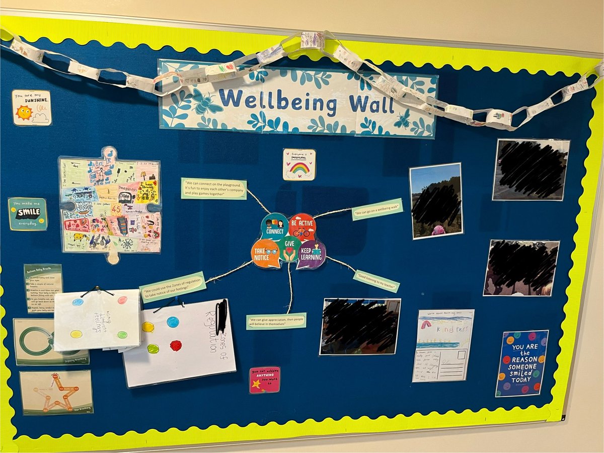Was able to create a #wellbeing wall, and during #ChildrensMentalHealthWeek too - very appropriate! Can’t miss it with that bright border. The paper chain was made by Y1, it’s all their likes, and represents their class being linked together 💚 #connection #primary #school