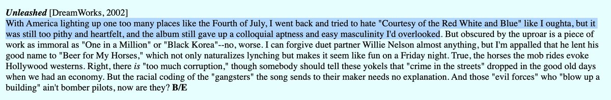 even Xgau did in fact have to hand it to toby keith for 'Courtesy of the Red White and Blue.' robertchristgau.com/get_artist.php…