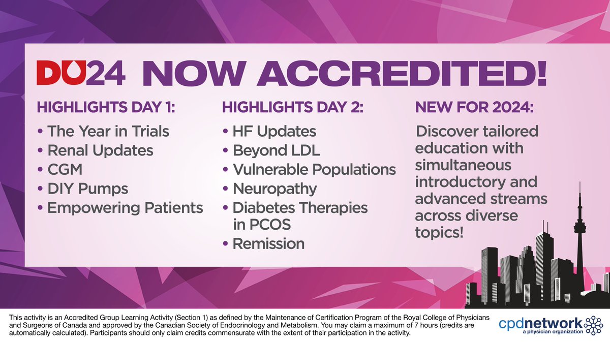 DUOcongress's tweet image. Exciting news! #Diabetes Update is now ACCREDITED by the @CSEM_SCEM @Royal_College for section 1 credits! Join us for 2 days of #AccreditedLearning on April 12-13, 2024, in Toronto and virtual. 

Visit diabetesupdate.ca for more information and to register.