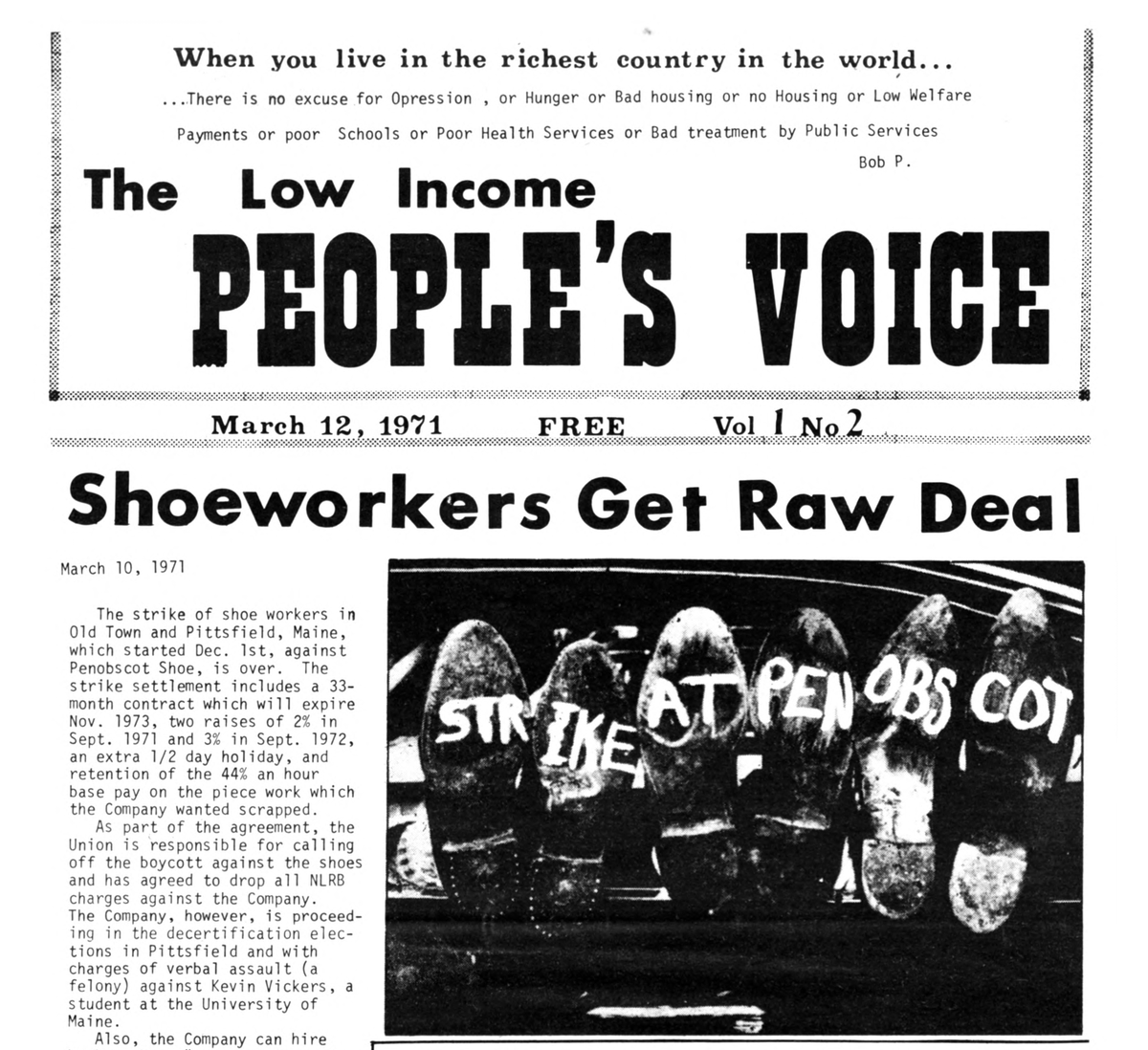 MaineWCH's tweet photo. "Low Income Voice" was put out by United Low Income, a group that advocated for working class Mainers. This March 12, 1971 issue features stories about the Penobscot Shoe Strike, welfare legislation, a Portland tenants union, urban renewal in Portland, the war in Vietnam &amp; more. https://t.co/z4S15EUxvp