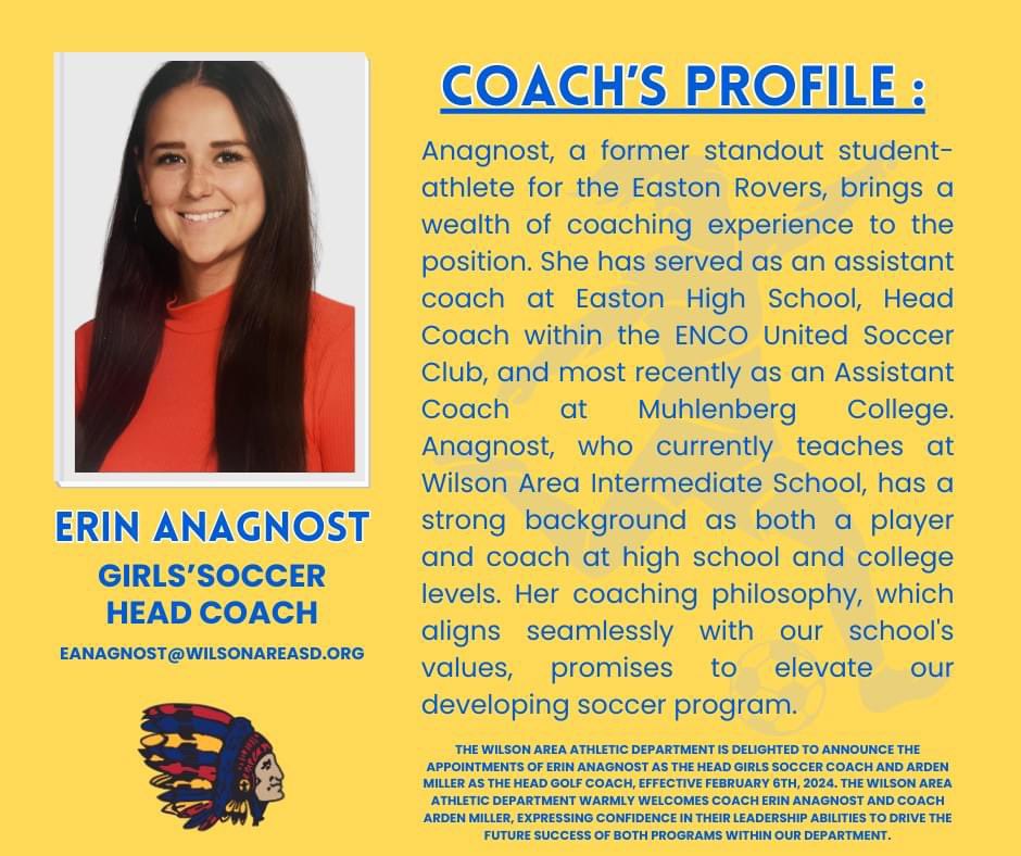 WASDAthletics1's tweet photo. We are excited to announce that the Wilson Area School Board has approved two Head Coaches for their upcoming season. We are excited to introduce Coach Miller as the new Head Golf Coach and Coach Anagnost as the Girls Soccer Coach. Please joined us in WELCOMING them to the staff. https://t.co/5B5pDfeBy1