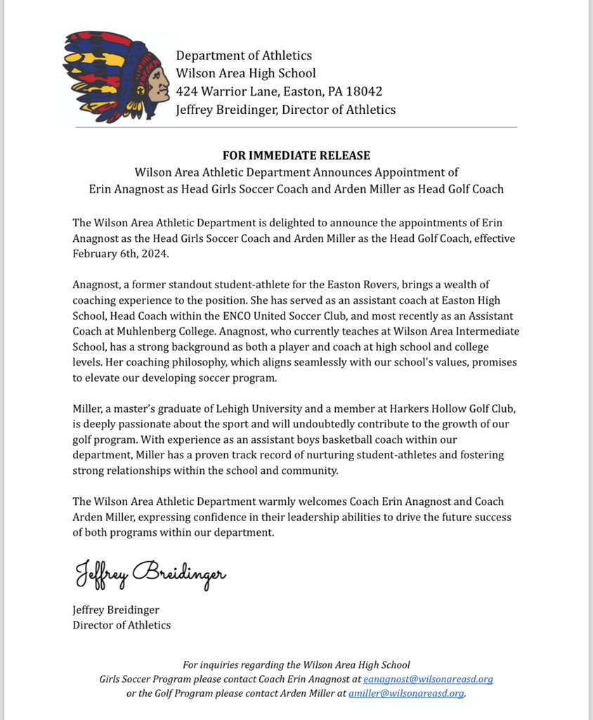 We are excited to announce that the Wilson Area School Board has approved two Head Coaches for their upcoming season. We are excited to introduce Coach Miller as the new Head Golf Coach and Coach Anagnost as the Girls Soccer Coach. Please joined us in WELCOMING them to the staff.