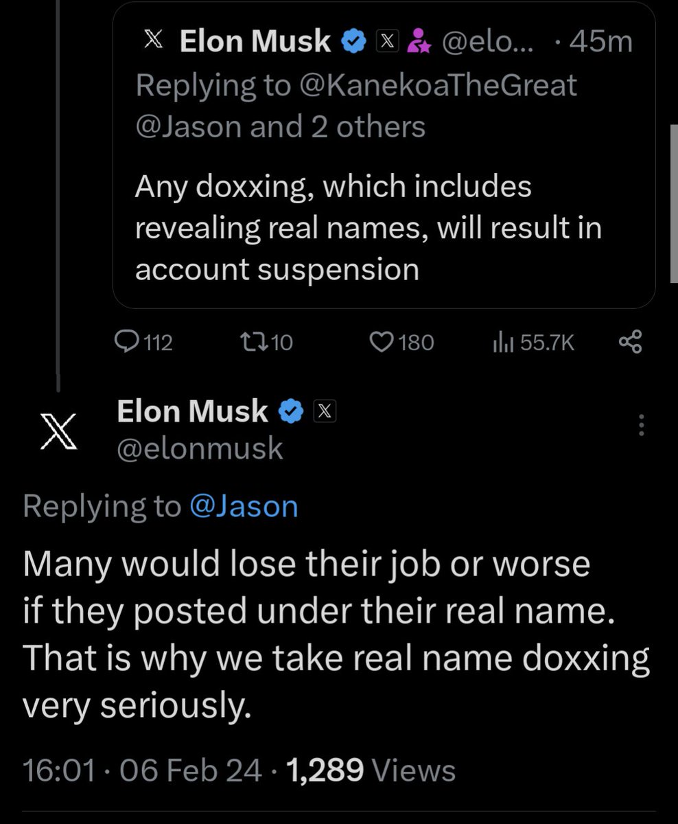 xDaily's tweet photo. NEWS: Elon confirms that any form of doxxing, including revealing an anonymous account's real name, is against the 𝕏 rules and is grounds for suspension. https://t.co/NDGQM5ZzAG