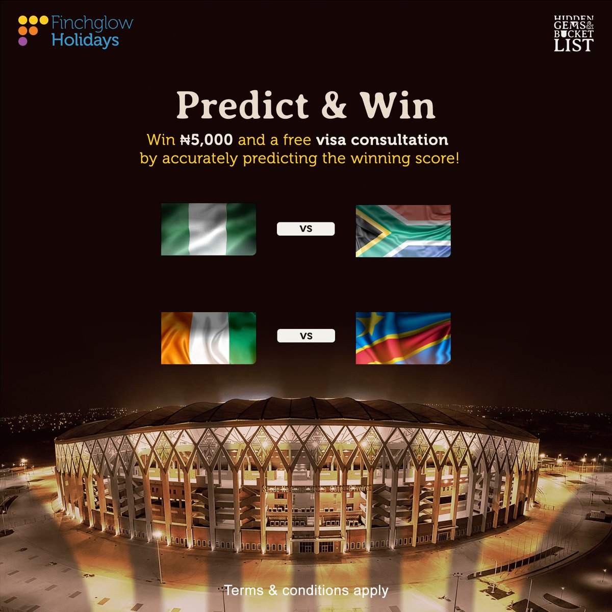 Game on! 🏆

It’s time for the AFCON semi-finals ⚽💃🏽

Guess the winning score and stand a chance to win 5,000 naira along with a complimentary visa consultation with our Predict and Win giveaway! 

Make your predictions now in the comments below.

#finchglowholidays #afcon2024