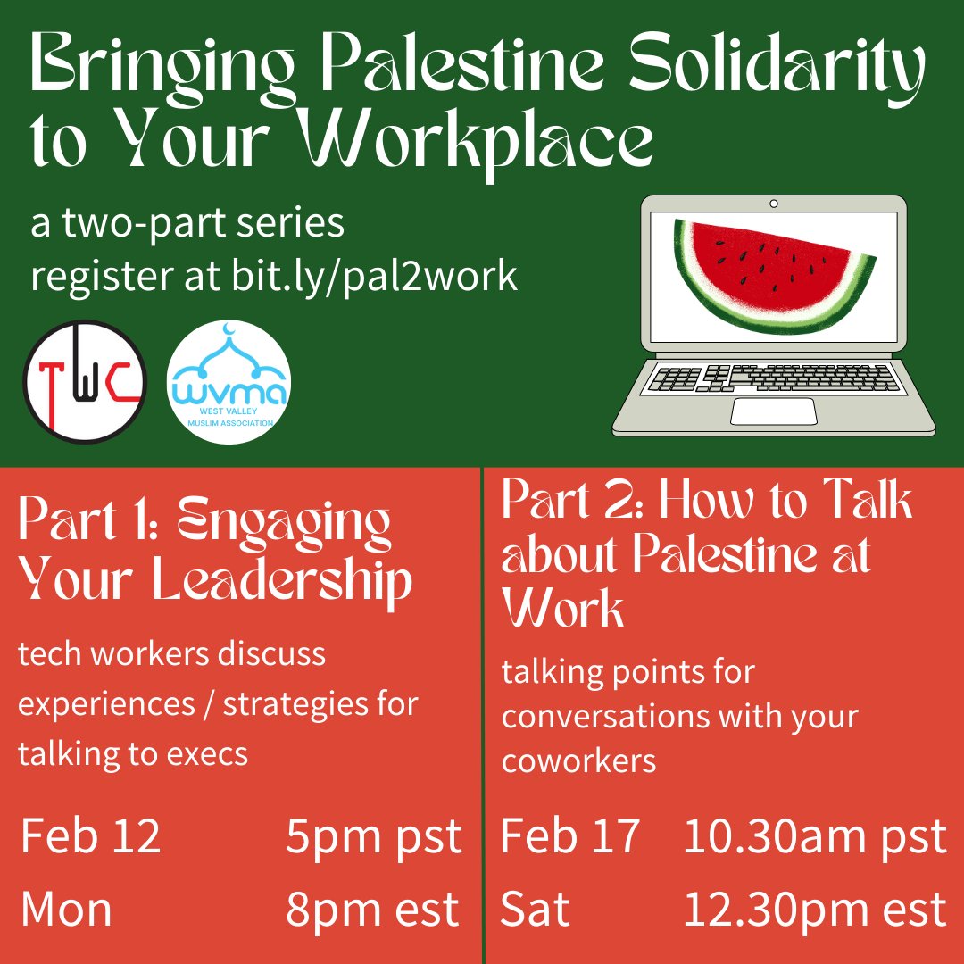 As the genocide in Gaza continues, more tech workers are looking for ways to bring 🇵🇸solidarity to their workplaces. But what to do if your company isn’t actively doing business with the 🇮🇱military? Join us for a 2part series on how to bring 🍉 to your workplace. Deets⬇️