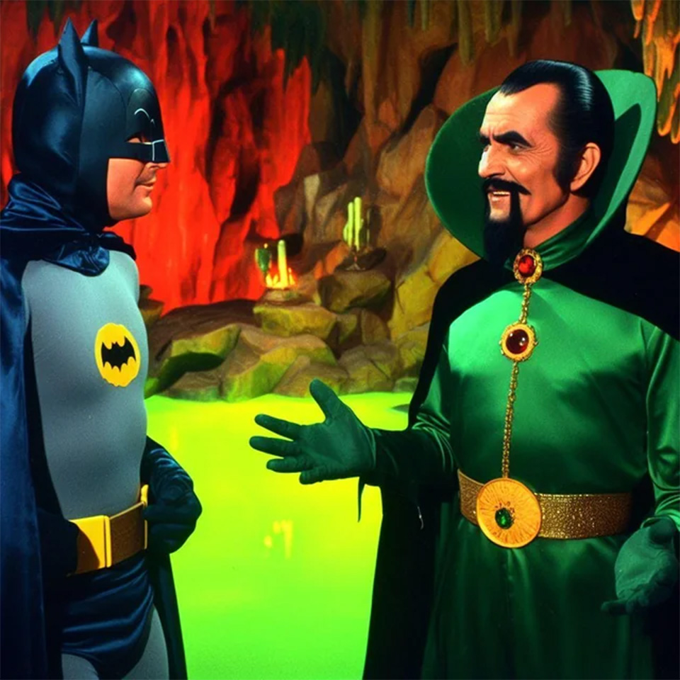 AI 60s Batman Fun. What 1966 Batman might have looked like with Harley Quinn, Poison Ivy, Bane and Ra's al Ghul. #Batman #AdamWest #funny #humor