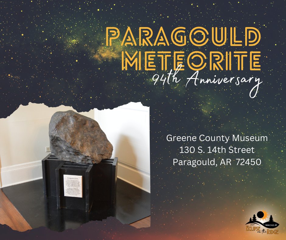 eclipseonridge's tweet photo. In the early morning hours of February 17, 1930, Paragould residents awoke to a loud bang: an 800-pound meteorite. Now 94 years later, the meteorite is on display at the Greene County Museum. Why not celebrate this anniversary by visiting the museum today? Open from 10AM-2PM https://t.co/GlIjhhvAu7