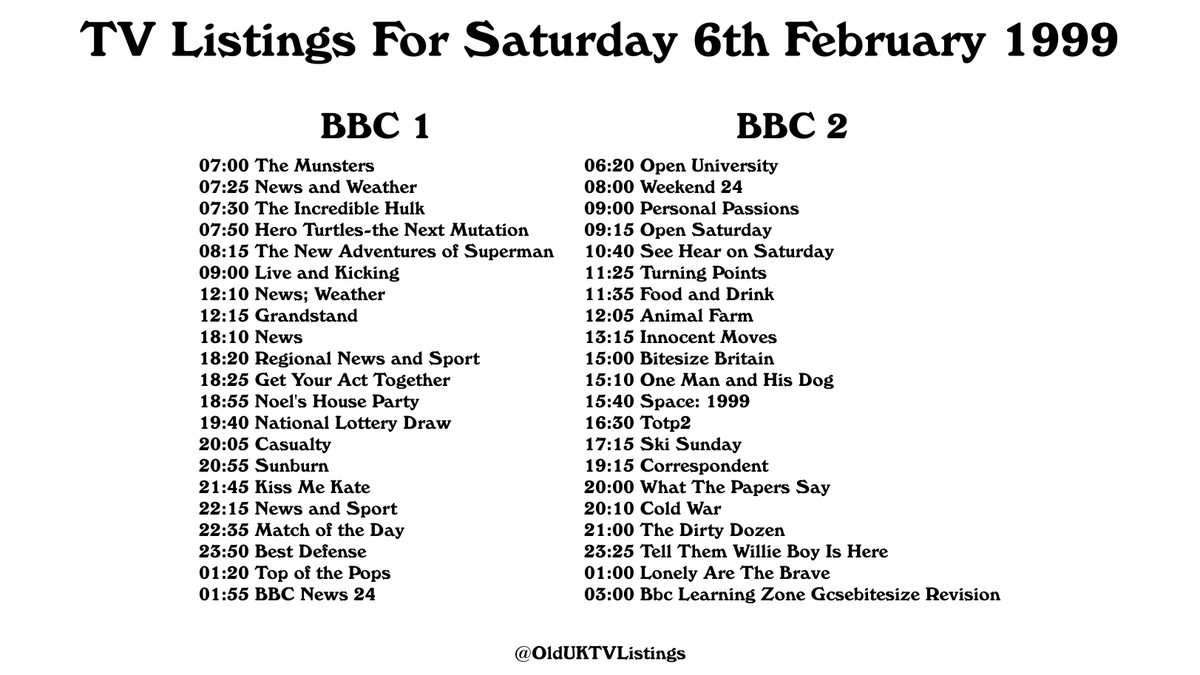 TV Listings For Saturday 6th February 1999