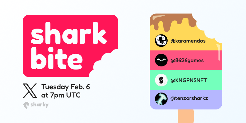 another tuesday, another sharkbite! 🦈

every tuesday at 7pm UTC, here are the buildooors we'll be chatting with this week:

<a href="/karamendos/">👑 Karamendos NFT | Join us!</a> 
<a href="/8626games/">8626: The Rain</a> 
@KNGPNSNFT 
<a href="/tenzorsharkz/">Tenzor Sharkz</a> 

speakooors:
<a href="/WolfCapital_/">Wolf Capital 🐺</a> 
<a href="/hvSocrates/">Socrates</a> 

link: x.com/i/spaces/1yNGa…