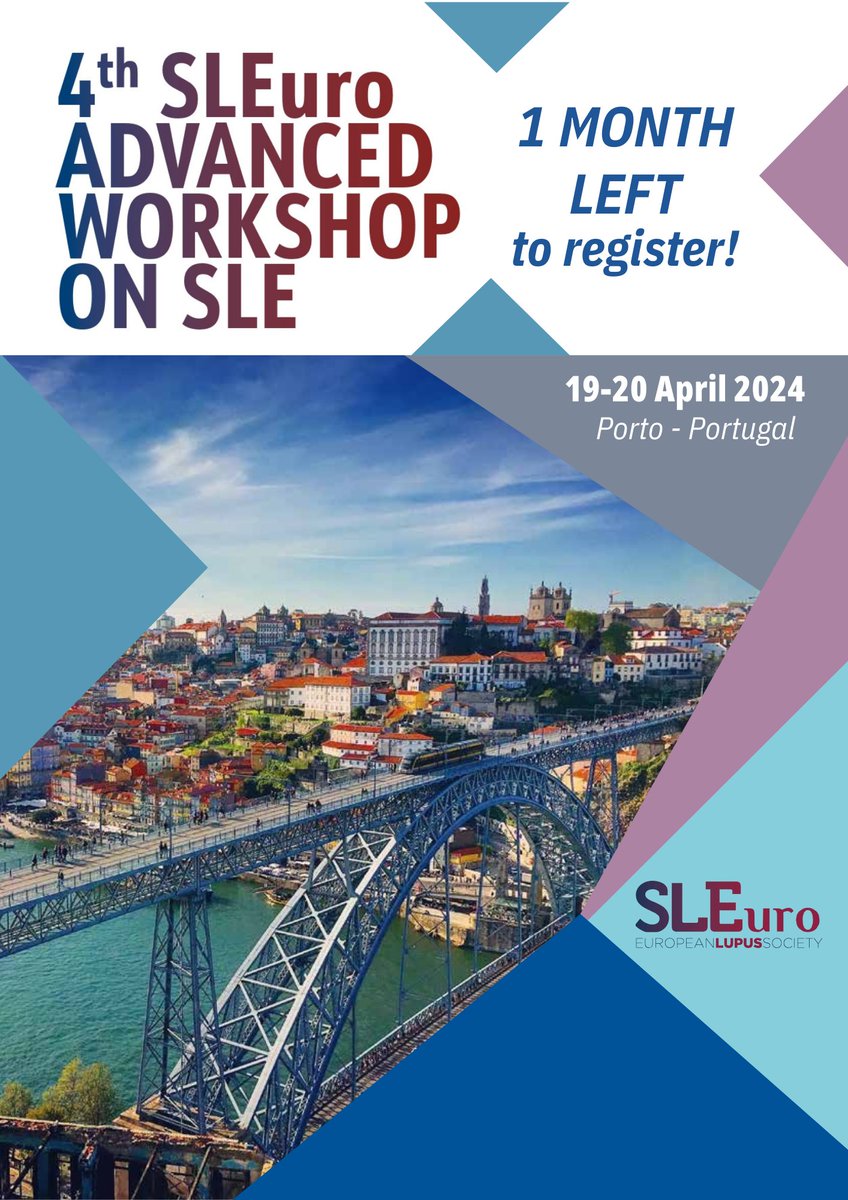 Less than one month left to pre-register! Join us in Porto on 19-20 April 2024 for the 4th SLEuro Advanced Workshop on SLE! Deadline: 4th March 2024 Register here: services.aimgroup.eu/ASPClient/home… More information: sleuro.org/advanced-works…