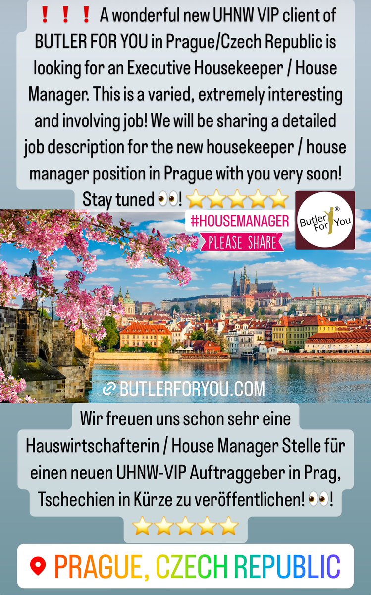 Butler_For_You's tweet image. Wir freuen uns schon sehr eine neue Hauswirtschafterin / House Manager Stelle für einen neuen UHNW-VIP Auftraggeber in Prag, Tschechien in Kürze zu veröffentlichen! 👀! ⭐️⭐️⭐️⭐️⭐️butlerforyou.de #hauswirtschafterin #housemanager #butlerforyou