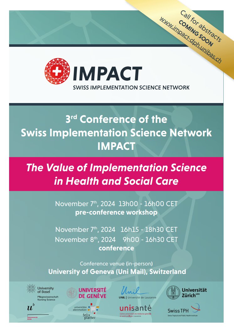 Join us in Geneva for the 3rd IMPACT Conference Immerse yourself in implementation science, network with experts, and strengthen the research pipeline for real-world translation and system-level change Registration coming soon: impact-dph.unibas.ch/3rd-impact-con… #impsci