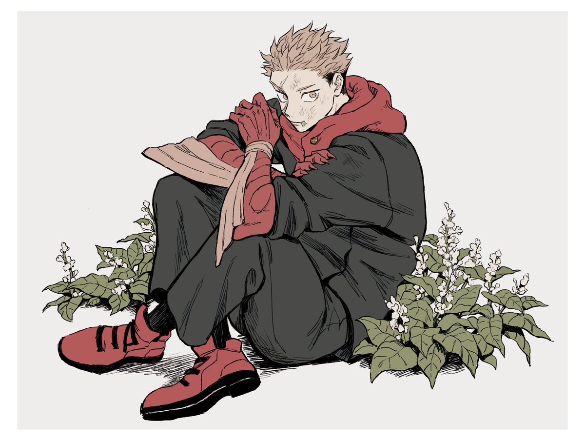 itadori yuuji 1boy male focus solo red footwear undercut sitting hood  illustration images