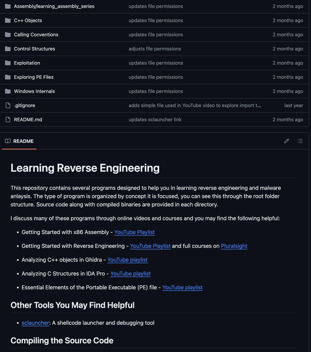 If you're looking to learn #malware or #reversing , I have a couple of #github repos that can help 👇 👿 github.com/jstrosch/learn… 🛠️ github.com/jstrosch/learn… Source code that you can compile to help w/ deeper understanding - many link to videos on #youtube as well!