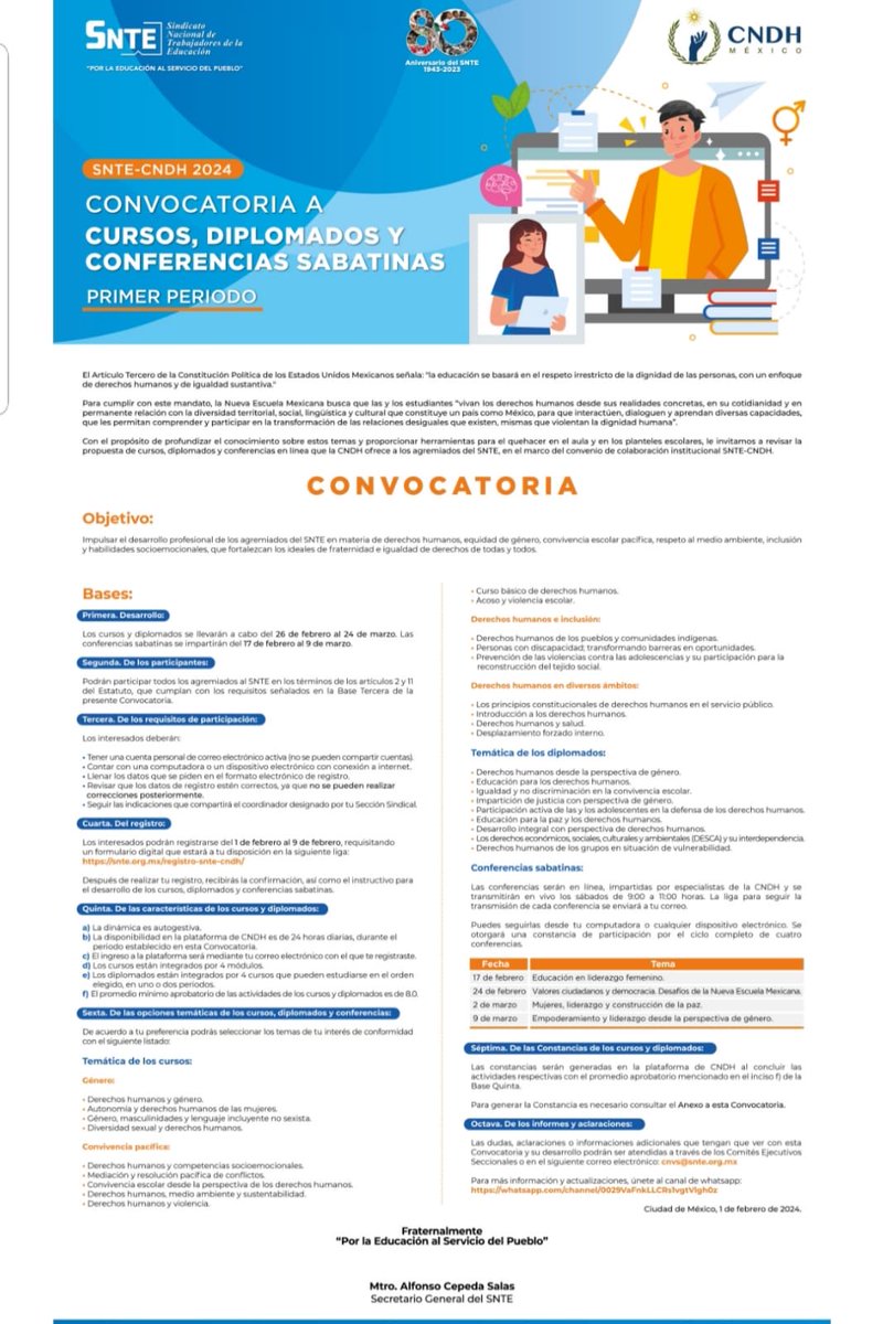 IvanDesdeCDMX's tweet photo. #SNTEporLosDerechos 🕊️

‼️Toma nota‼️
El #SNTE 📚 y la @CNDH 🕊️ te invitan a participar en los cursos ✅ diplomados ✅ y conferencias ✅ en derechos humanos 🏳️ 

Si estás interesado entra a 👇👇👇 https://t.co/a3W0k2nSYD

 El registro cierra el #9deFebrero ✔️ https://t.co/R4EEYf8Z49