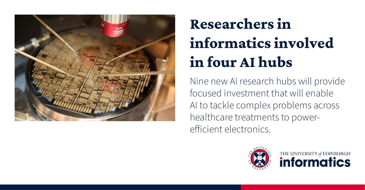 School of Informatics, The University of Edinburgh (@infated) on Twitter photo Researchers from <a href="/InfAtEd/">School of Informatics, The University of Edinburgh</a> will contribute their expertise to four of nine new AI hubs delivering next-generation innovations and technologies to propel the UK to the forefront of advanced #AI research, thanks to £24m funding from @UKRI_news.
🔗 Read more: edin.ac/3wddhOo Researchers from <a href="/InfAtEd/">School of Informatics, The University of Edinburgh</a> will contribute their expertise to four of nine new AI hubs delivering next-generation innovations and technologies to propel the UK to the forefront of advanced #AI research, thanks to £24m funding from @UKRI_news.
🔗 Read more: edin.ac/3wddhOo