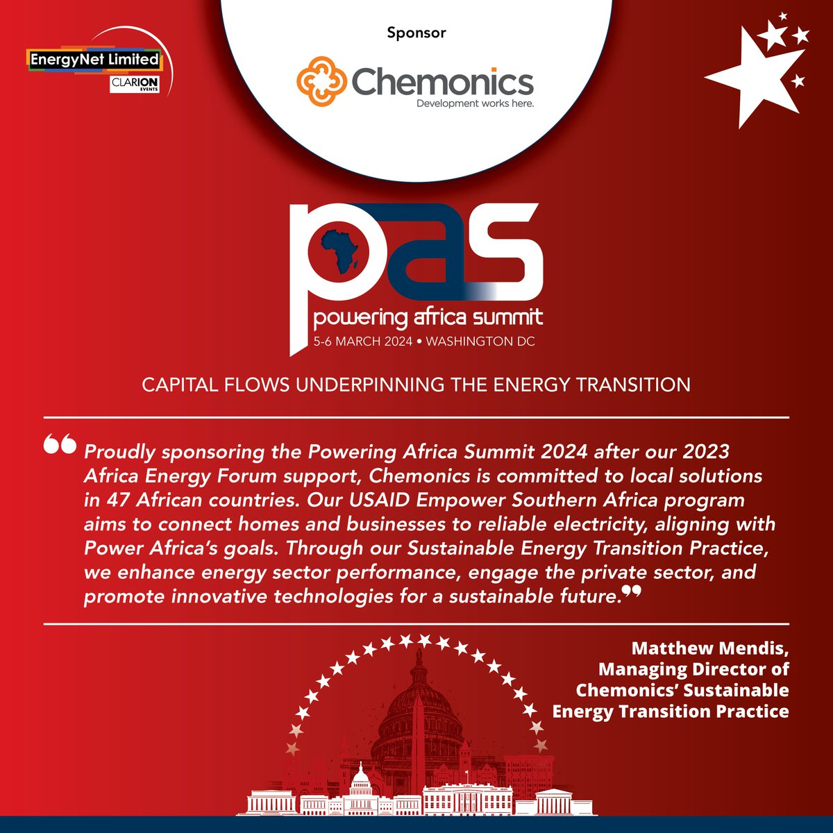 We are happy to welcome @Chemonics as our Sponsor of #PAS24. It's amazing hearing from Matthew Mendes about Chemonics' commitment to connect homes and businesses to reliable electricity. Don't miss out : bit.ly/3Uwbmi5 📅 5-6 March 📍 #WashingtonDC