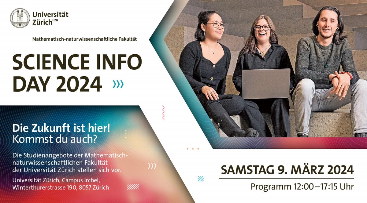 🔔 #SaveTheDate Bist du parat fürs 🥼🦕📊🔭🧫🗻🦧🧪💻🌲🧬🦣🤖🪐🔬 #Studium? Komm zum *Science Info Day* am 9. März 2024 auf den @UZH_ch #IrchelCampus und lerne die vielfältigen Studienangebote der Mathematisch-naturwissenschaftlichen Fakultät kennen! mnf.uzh.ch/de/oeffentlich…