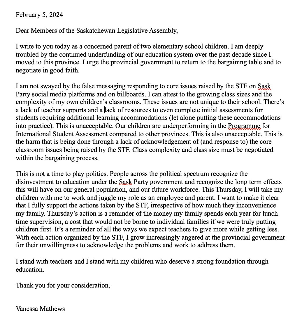 vanessakmathews's tweet photo. A letter to the Sask Party concerning recent negotiation tactics with the STF, and the need to place Saskatchewan children outside of political games. Class complexity &amp; class size need to be negotiated within bargaining @jeremycockrill @SaskTeachersFed  #SKpoli https://t.co/6Sc50ELDTI