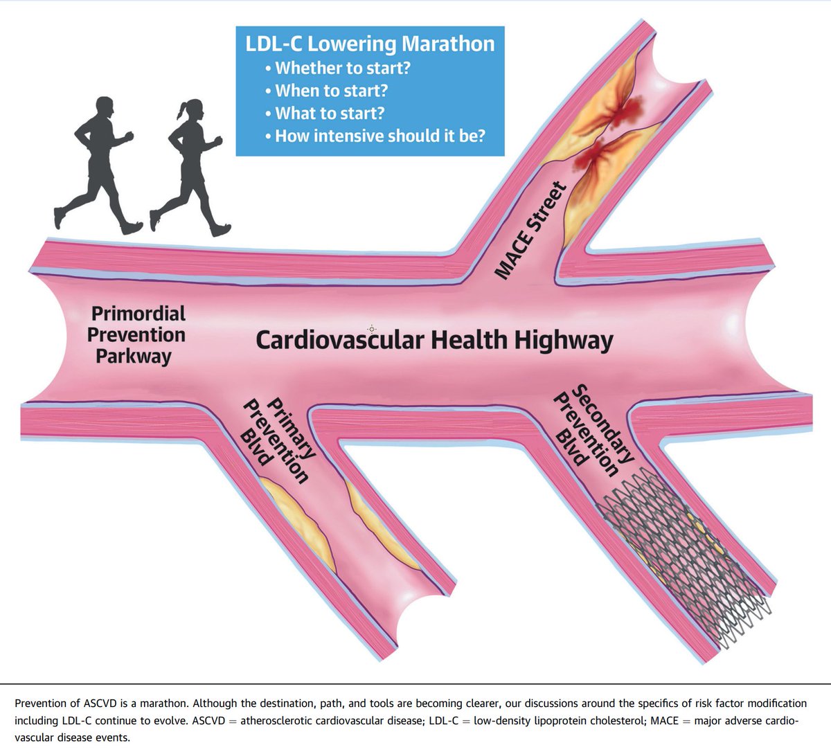 Drlipid's tweet photo. Just published in @JACCJournals  was a SADLY not open-access paper on the 5 year data on the incredible ability of evolocumab in reducing MACE in ASCVD patients. Even better was the editorial which had this great graphic - they state - "prevention of ASCVD is a marathon - one that requires long-term focus, intensity, commitment, attention, & persistence." I say folks can "pay the primary prevention doc now or pay the cardiologist/undertaker later."  Please respect apoB. Study & editorial is at https://t.co/mpEkgSZ6st and editorial at https://t.co/355pYqmlXN  @nationallipid @society_eas
