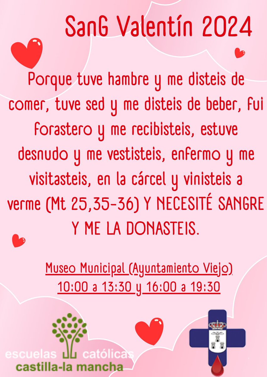 saa_feye's tweet photo. El Colegio Santo Ángel junto al resto de @ecatolicasclm presentan la II Edición de Sang-Valentín. De la mano de la Hermandad de Donantes de Sangre de Albacete @DonanteAlbacete 👉Donar es amar ❤️🩸 https://t.co/IkEFi4KcCc