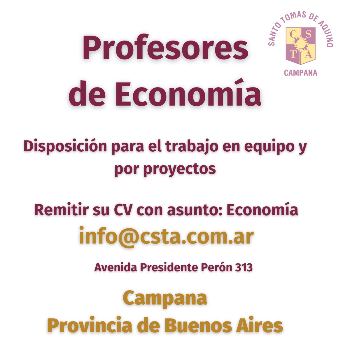 ColegioSTA's tweet photo. Nos encontramos en búsqueda de profesores de Economía para desempeñarse en el ciclo orientado de nivel secundario. Situación de revista provisional durante el presente ciclo lectivo. Enviar cv a info@csta.com.ar y colocar en el asunto del envío Economía.
#obispadozaratecampana https://t.co/vdoCwYI17I