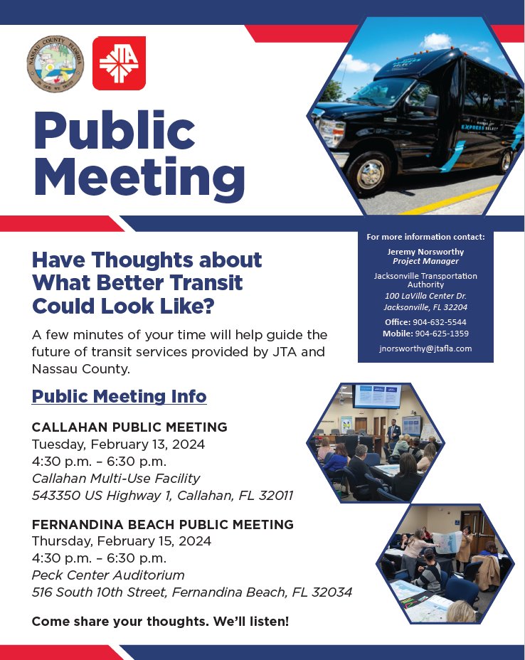 Nassau County, FL (@flnassau) on Twitter photo Please join us for an upcoming Transit Committee Meeting with JTA as they discuss public transportation services/needs for Nassau County. There are meetings in Callahan and Fernandina next week. See flyer below for details!
<a href="/JTAFLA/">Jacksonville Transportation Authority (JTA)</a> Please join us for an upcoming Transit Committee Meeting with JTA as they discuss public transportation services/needs for Nassau County. There are meetings in Callahan and Fernandina next week. See flyer below for details!
<a href="/JTAFLA/">Jacksonville Transportation Authority (JTA)</a>