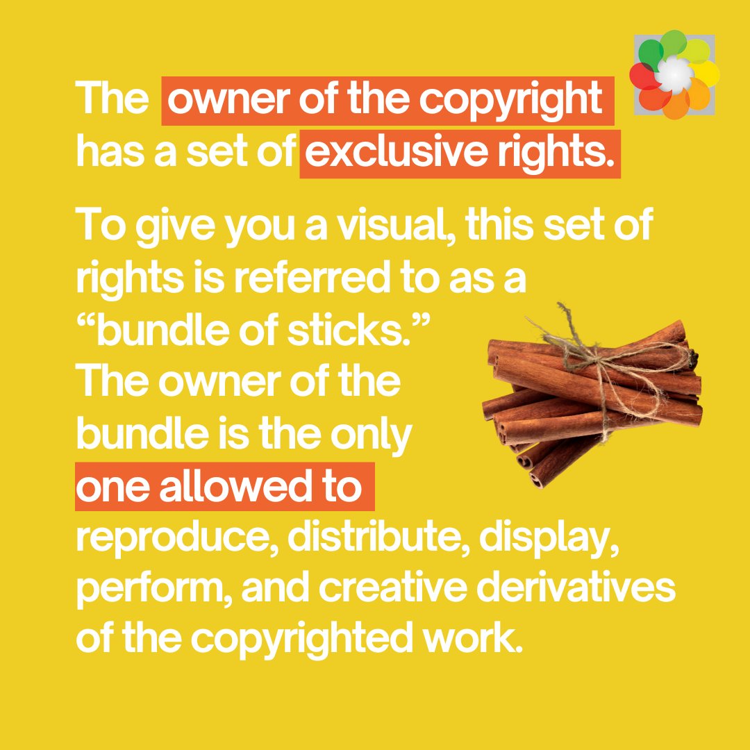 CreativeLawNet's tweet image. The owner of the copyright has a set of exclusive rights - let's call it a bundle of sticks. Have more questions? Visit our site: creativelawnetwork.com

#lawyertips #copyright #creativelaw