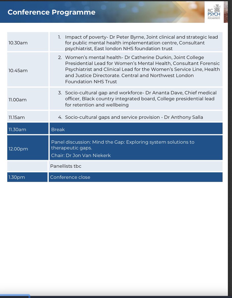 Check out our online spring conference on 19/3/24 & 20/03/24 c seminars on #healthinequalities #neurodevelopmental #coproduction @JonVanNiekerk @NatPriya #rcpsychgapspring24 @DrJoanneFarrow @drlukebakeruk @DrFSSophiaSent1 @HinaTahseen @HylandDeclan @lovebillybragg @DrLadeSmith