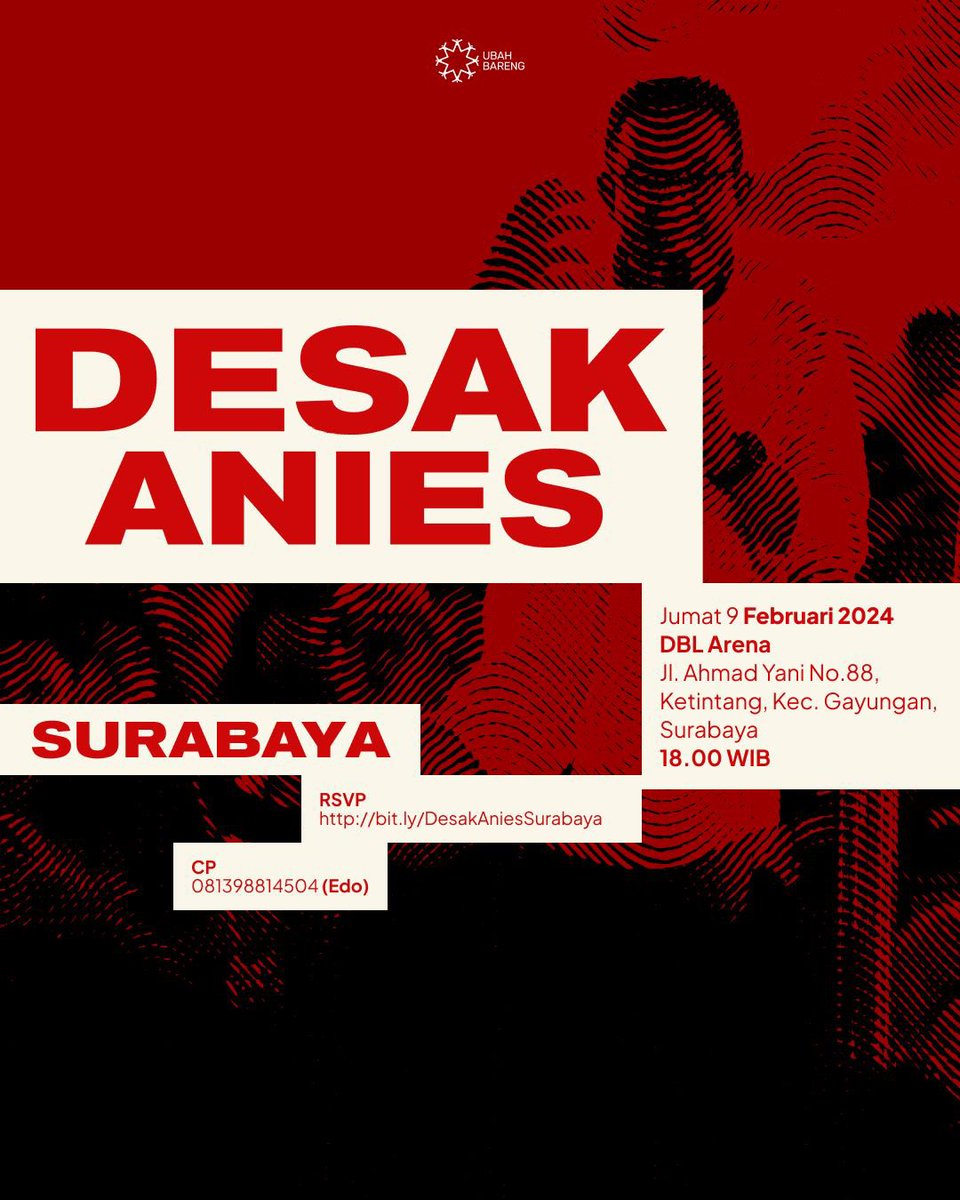 SURABAYA SIAP MEN-#DesakAnies‼️🚨

Teruntuk warga Surabaya dan sekitarnya, datang dan sampaikan seluruh keresahanmu! Tak ada lagi waktu, kini kalian harus benar-benar minta <a href="/aniesbaswedan/">Anies Rasyid Baswedan</a> menjawab semuanya, di:

📍DBL Arena, Surabaya
⏱️ Jumat, 9 Februari 2024, pukul 18.00 WIB