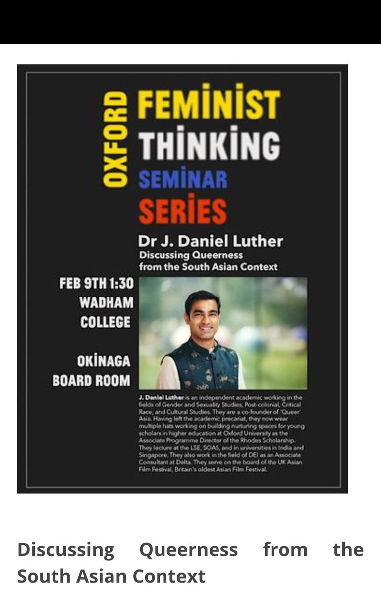 GIN UK (LGBTQ+ Indian & South Asian Network) in UK (@ginindianuk) on Twitter photo Discussing Queerness from the South Asian Context
Intersectional Humanities Research Hub
Friday 9 February 2024, 1.30pm-2.30pm
Okinaga Board Room, Wadham College, Parks Rd, Oxford OX1 3PN
torch.ox.ac.uk/event/discussi…
<a href="/TORCHOxford/">TORCH Oxford</a>
<a href="/sotto_voce_2020/">Sotto Voce 2020💙🌈🕊🌹💚</a>
<a href="/McSaima/">Saima Razzaq-Khan</a>
<a href="/TheQueerAsia/">queerasia</a> Discussing Queerness from the South Asian Context
Intersectional Humanities Research Hub
Friday 9 February 2024, 1.30pm-2.30pm
Okinaga Board Room, Wadham College, Parks Rd, Oxford OX1 3PN
torch.ox.ac.uk/event/discussi…
<a href="/TORCHOxford/">TORCH Oxford</a>
<a href="/sotto_voce_2020/">Sotto Voce 2020💙🌈🕊🌹💚</a>
<a href="/McSaima/">Saima Razzaq-Khan</a>
<a href="/TheQueerAsia/">queerasia</a>