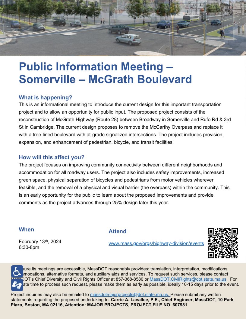 Join <a href="/MassDOT/">Mass. Transportation</a> next Tuesday, February 13th, 6:30-8:00pm for a virtual meeting on the reconstruction of McGrath Highway between Broadway in Somerville and Rufo Road &amp; 3rd St in Cambridge.