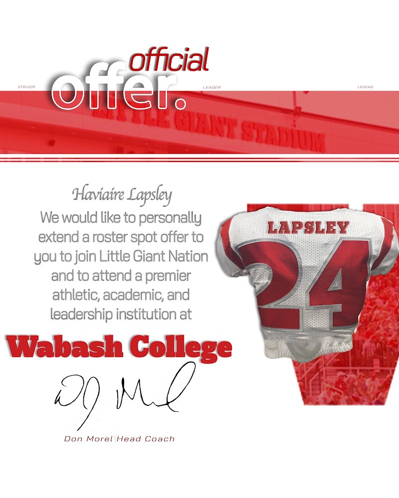 After a great talk with <a href="/MarcusAdams_51/">Coach Marcus Adams</a> I am blessed to receive an offer from <a href="/WabashFB/">Wabash College Football</a>!