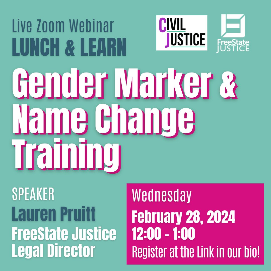 FreeState Justice (@freestatelgbtq) on Twitter photo Every person should have access to accessible, respectful legal aid!
Please register in advance to secure your spot at the link in our bio! If you have any questions or issues with registration, contact mjacobs@civiljusticeinc.org. Every person should have access to accessible, respectful legal aid!
Please register in advance to secure your spot at the link in our bio! If you have any questions or issues with registration, contact mjacobs@civiljusticeinc.org.