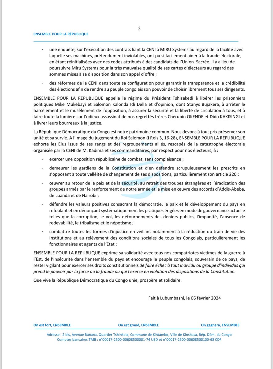 #RDC Déclaration politique du 5 au 6 février 2024, à #Lubumbashi. Réunissant tous les membres du comité directeur, des représentants des organes centraux, des élus nationaux et provinciaux sous les auspices du président national du parti @moise_katumbi