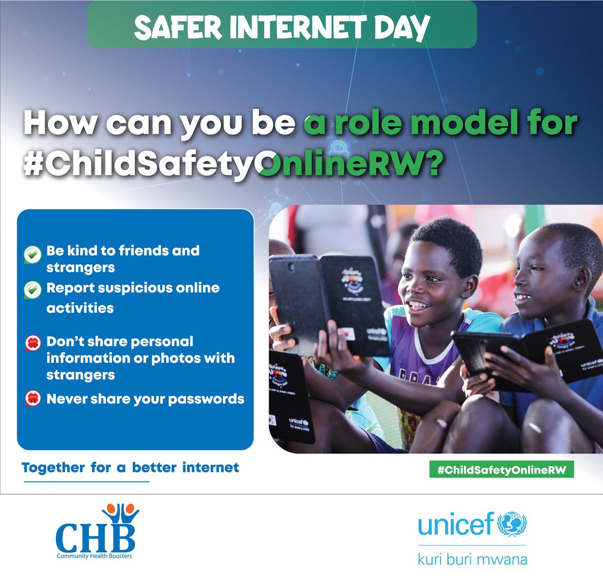 Today, on #SaferInternetDay, let’s pledge to educate our children about online safety. Internet is powerful tool, but it’s crucial to teach them to protect their personal info & stay safe online. Together, we can create a safer digital world for our kids. #ChildSafetyOnlineRW