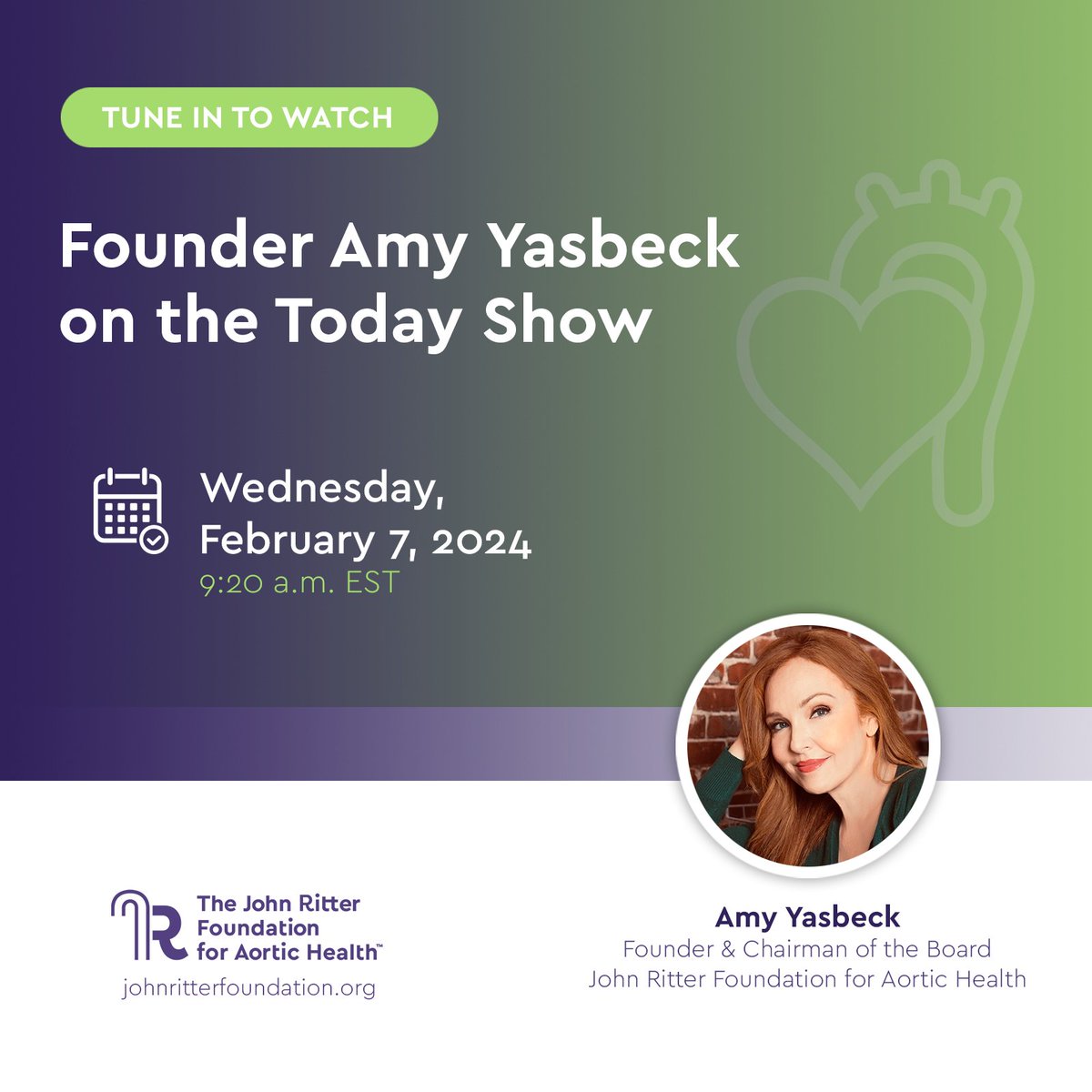 Exciting News! We are thrilled to announce that our founder, @AmyYasbeck4real, will be featured on the @TODAYshow on NBC this Wednesday, February 7 at 9:20 a.m. EST. Tune in to learn more about the important work we are doing to save lives and promote aortic dissection awareness.