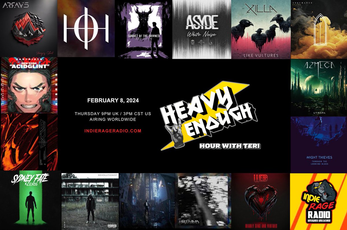 Super excited for #HeavyEnough returning on airwaves w/ @IndieRageRadio Thursday 8 Feb. UK9pm, CET21hr, CST3pm new bangers feat @azmeca_band @ExistImmortal @nightthievesuk @SydneyFateUK @DripFedEmpire @IridiumBandUK @Delusionist_jp @WebbOfficialUK +more facebook.com/HeavyEnoughHou…