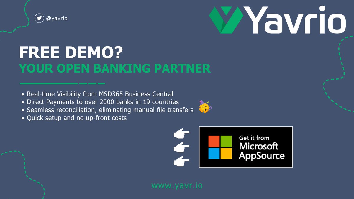 Are you ready for #Yavrio? Our #OpenBanking solution connects your #MSDBusinessCentral dashboard to over 2000 banks in 19 countries (and counting). For fast setup, real-time insight, and no more manual file transfers 🥳❤🙌 find us on #AppSource for a free trial.