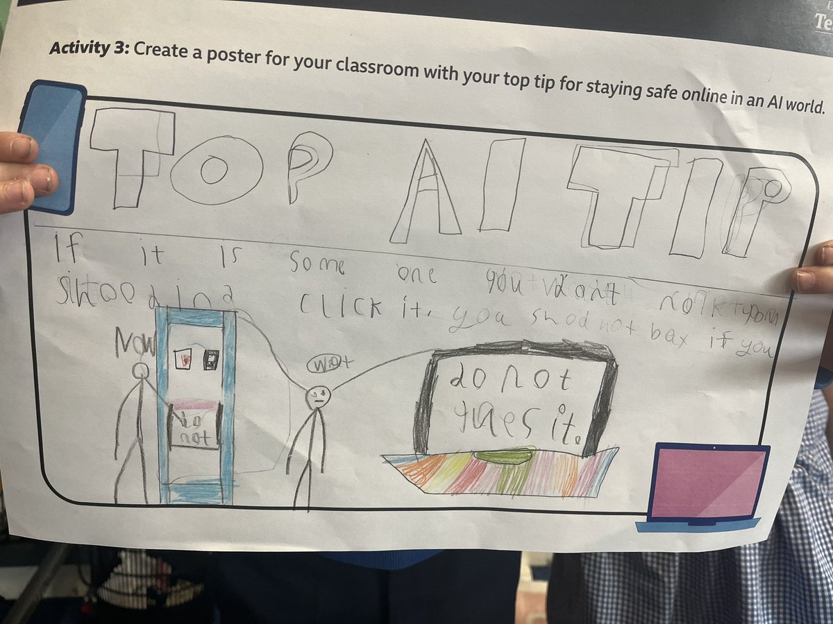 At the end of today’s lesson for Internet Safety day BBC live lesson we created a poster with a top tip about AI! We worked collaboratively to come up with our tip and posters. #BBCLiveLessons #ArtificialInteligence