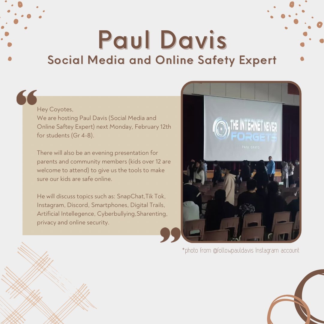 Hey Coyotes, 
<a href="/boyne_river/">Boyne River P.S.</a> is hosting Paul Davis (Social Media and Online Saftey Expert) on Mon, Feb 12 (Gr 4-8)

There will be an evening for parents  &amp; kids 12+ taking place at Alliston Union Public School

Topics discussed: SnapChat,Tik Tok, IG, Discord, Smartphones &amp; more.