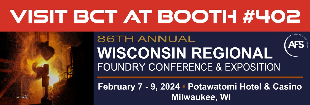 cleaning_blast's tweet photo. 📢 Exciting News! Our team is all set to participate in the AFS Wisconsin Regional Foundry Conference &amp; Exposition this week! Make sure to swing by Booth #402 and discover how BCT can assist you. See you there! 👋
#forgingindustry #manufacturing https://t.co/dsFbLwPQv3