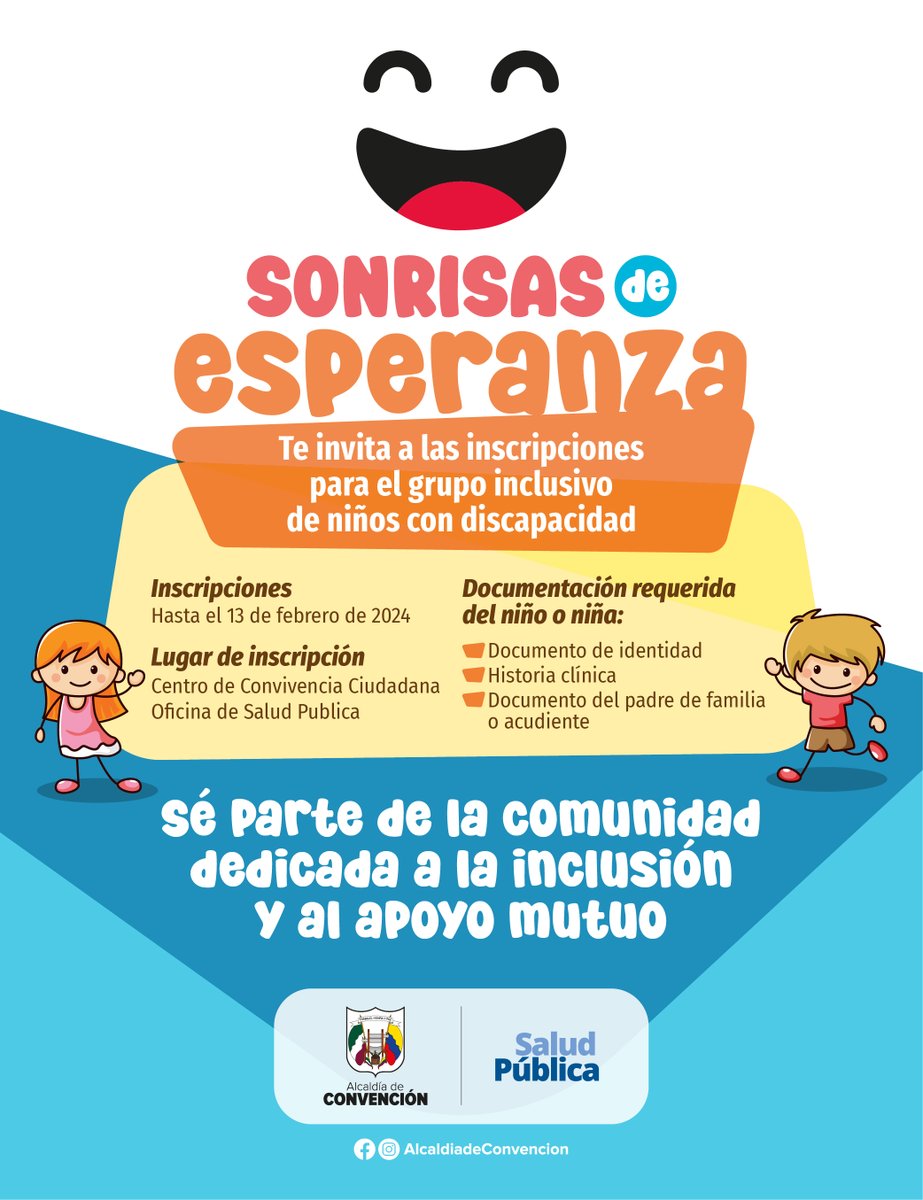 AlcdeConvencion's tweet photo. Sonrisas de Esperanza te invita a las inscripciones para el grupo inclusivo de niños con discapacidad, Sé parte de la comunidad dedicada a la inclusión y al apoyo mutuo​. https://t.co/8jwhgY8iXE