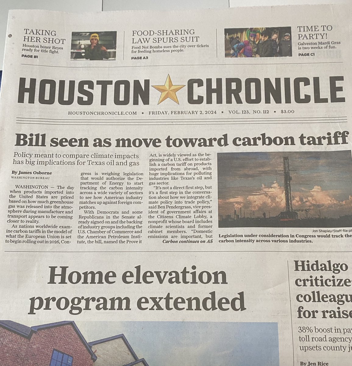 Spotted the #PROVEITAct on the front page of @HoustonChron! 'Domestic emissions are important, but this is a global problem,' said CCL's VP of Government Affairs Ben Pendergrass. 'We need to think about emissions globally, in particular major emitters like China and India.”