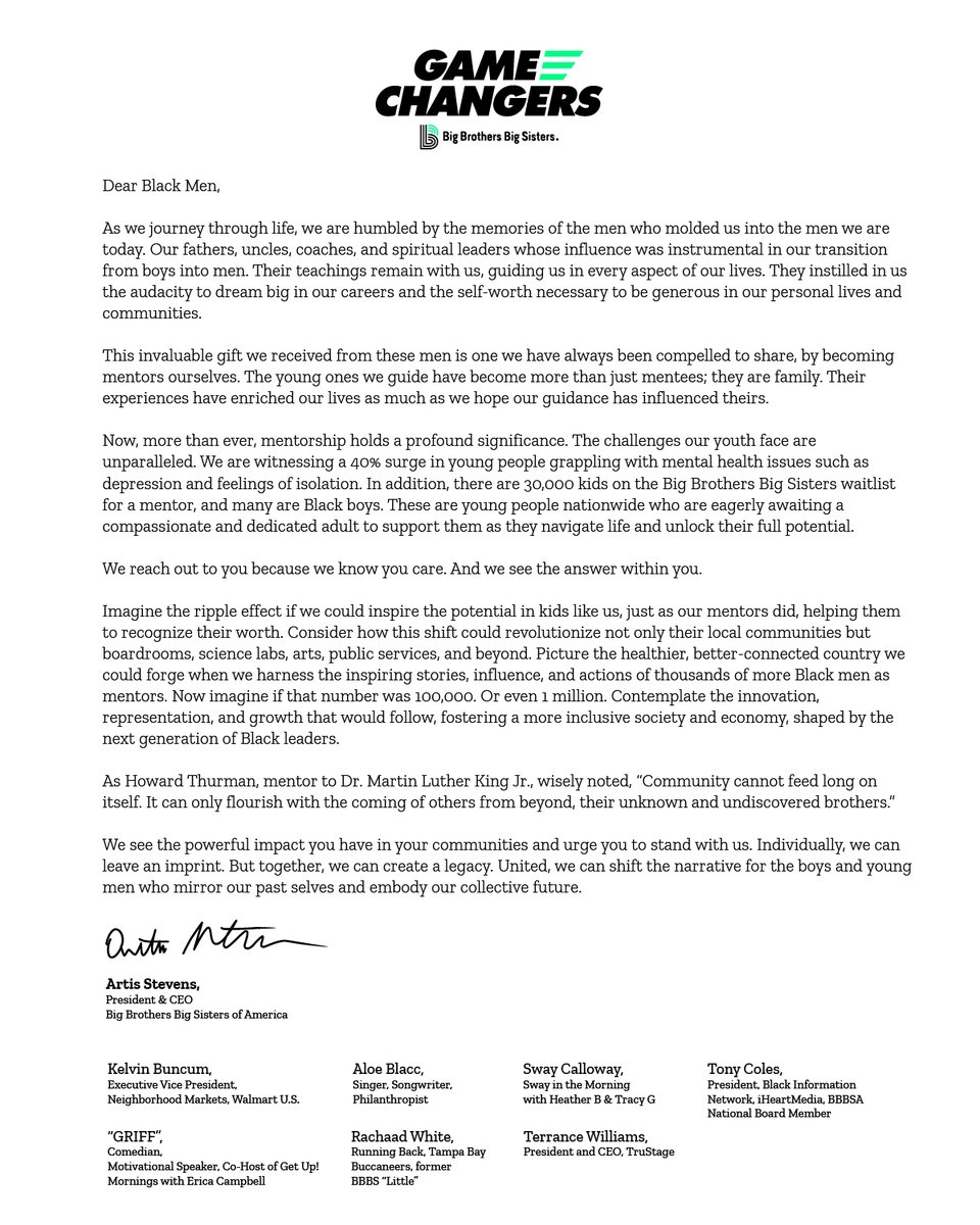 This Black History Month, I'm inspired to continue our work @BBBSA to attract the brilliance, passion and influence of the many Black men across the country. Read my open letter signed by our esteemed Game Changers! If you want to get involved join us at bebignow.org.