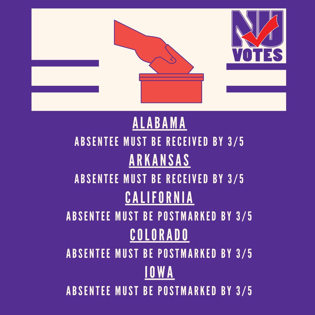 nuvotes's tweet photo. If you plan to vote in any of the above primaries then you should be requesting your absentee ballot TODAY for the March 6th elections! Need help printing or requesting? Check out NU Votes drop in hours this week- https://t.co/ZLM8Zsvm6f https://t.co/r0ohbBCQtW