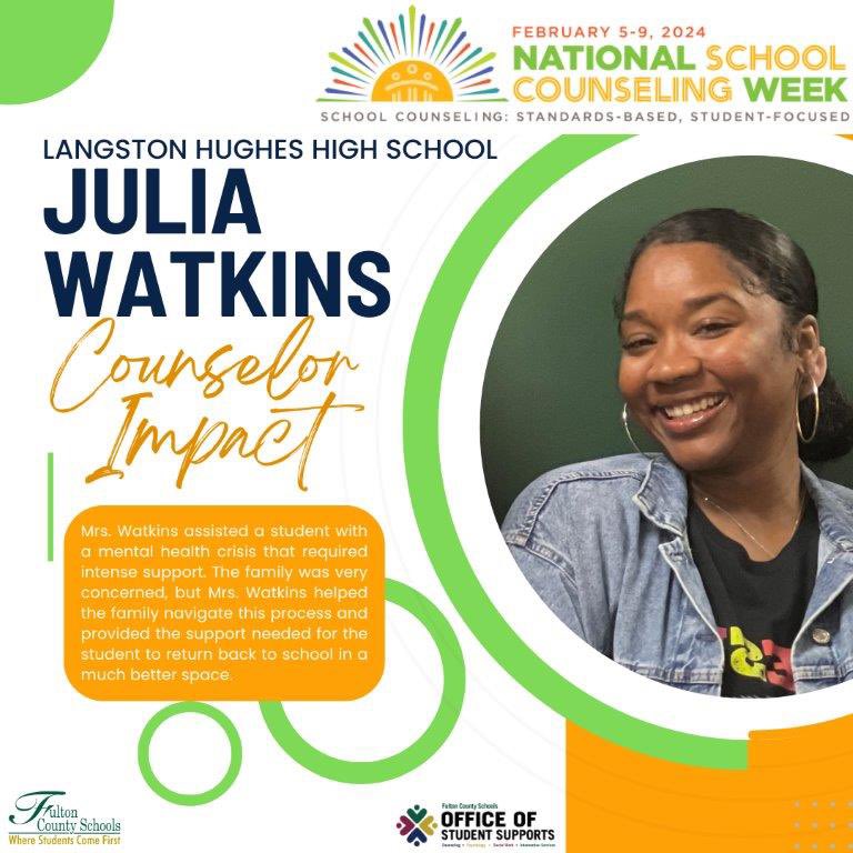 The impact of school counselors is vital in the lives of students! 

Thank you Julia Watkins for the support you provided!